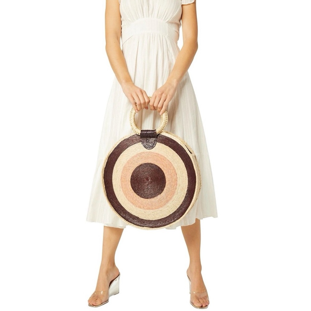 MISA Los Angeles Mykonos Circle Circular Straw Tote Bag Natural Purple Pink